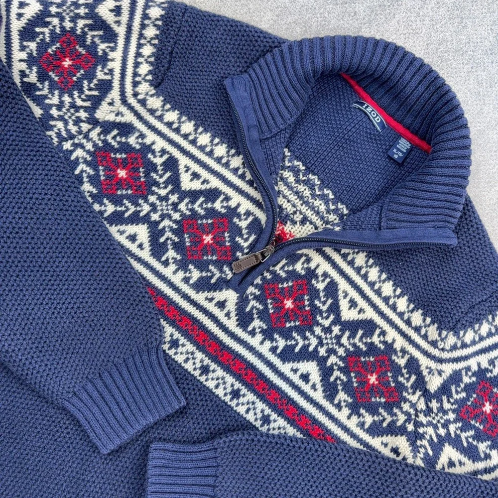 Izod Sweater Men XL Blue Pullover Quarter Zip Heavy Knit Nordic Lodge Ski Rib